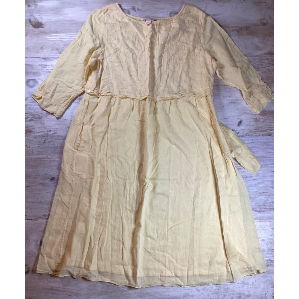 April Cornell Yellow Cotton Gauze Embroidered Midi Dress Womens Large Tie Back